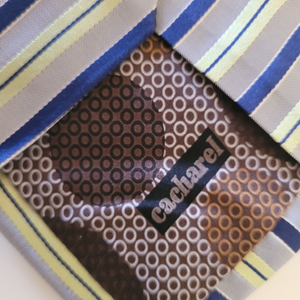 Cacharel Mens Silk Necktie Navy Blue Lime Green Silver Striped Hand Made Tie